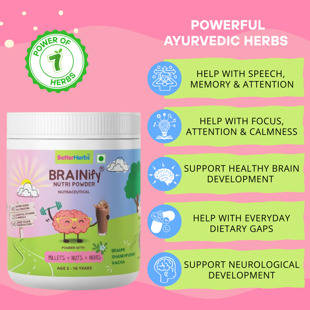 BRAINIFY Nutrition Powder for Children & Teens | 7 Brain Boosting Ayurvedic Herbs + Millets + Nuts | No Refined Sugar | Yummy Flavour - Image 16