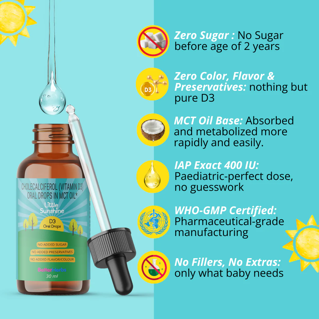 Little Sunshine D3 Drops: India's First Vitamin D3 for Infants with No Sugar + No Preservatives + No Color + No Flavor - 400 IU Daily Dose, 0.5ml - WHO-GMP Certified - Image 6